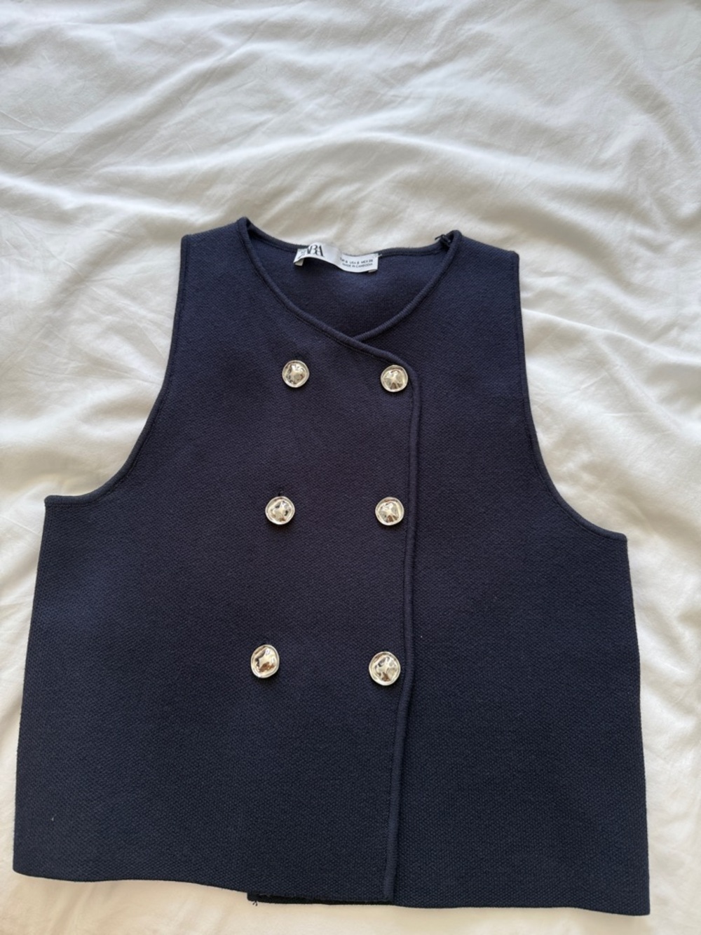 Zara Navy Double-Breasted Sleeveless Vest with Silver Buttons